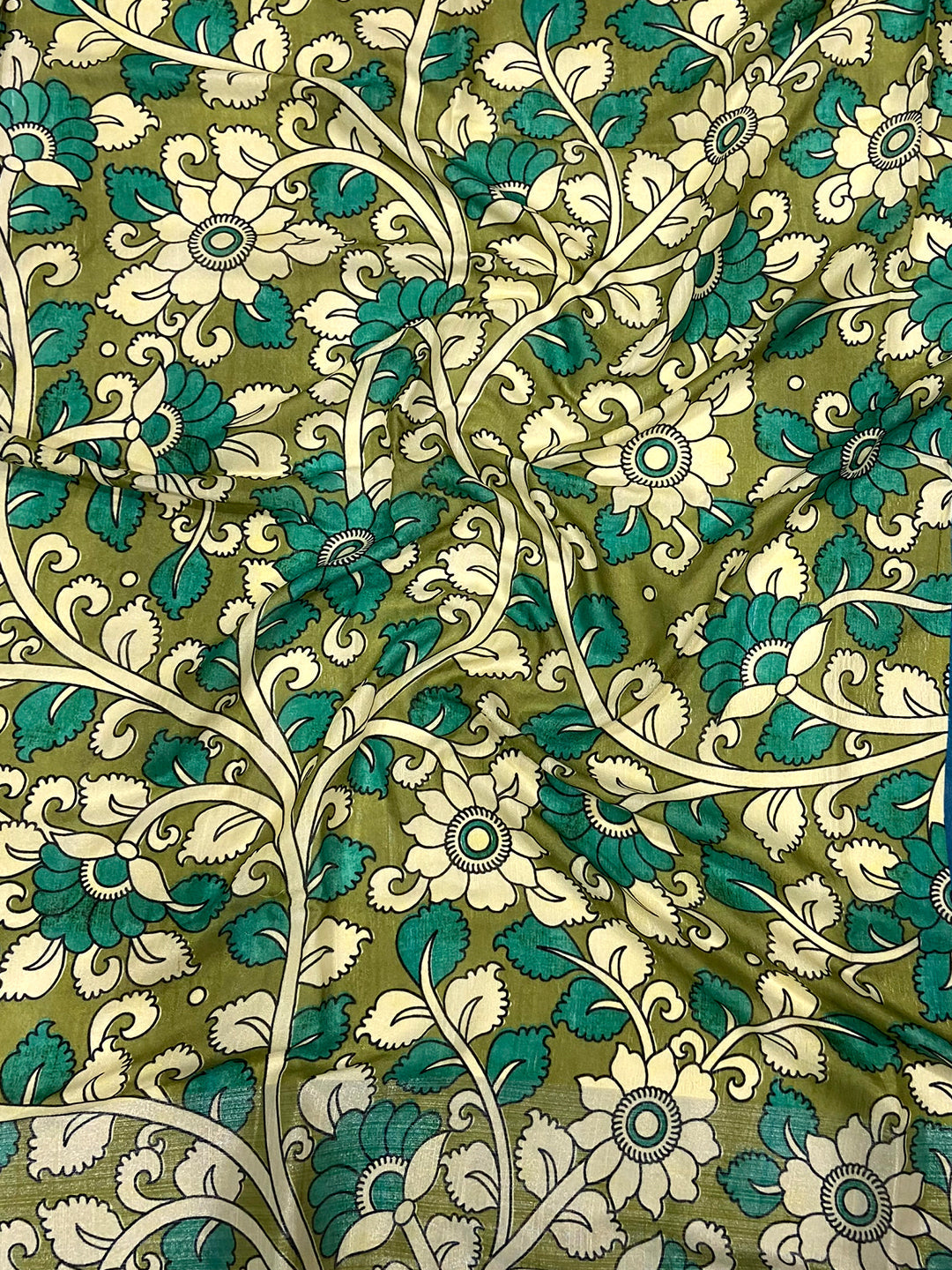 Teal Linen Kalamkari Print Saree by My Store