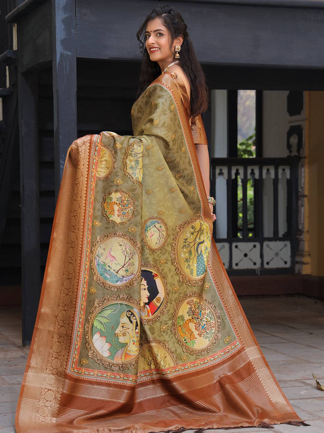 Pure Viscose Dola Silk Saree With Zari Weaving Pallu In Olive Colour - Luxe by My Store