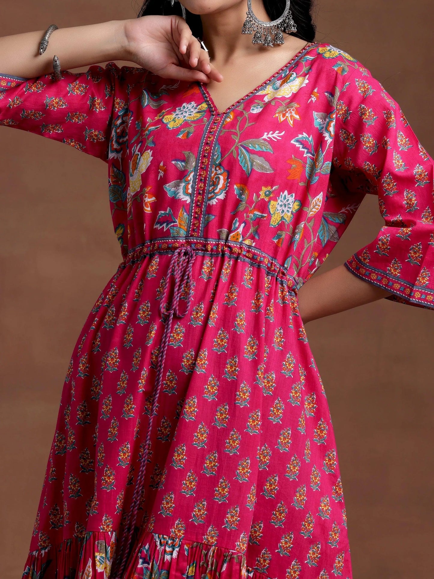 Pink Printed Cotton Fit and Flare Dress by My Store