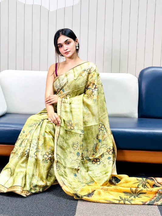 Light Green Kota Doriya Silk Saree With Floral Print by My Store
