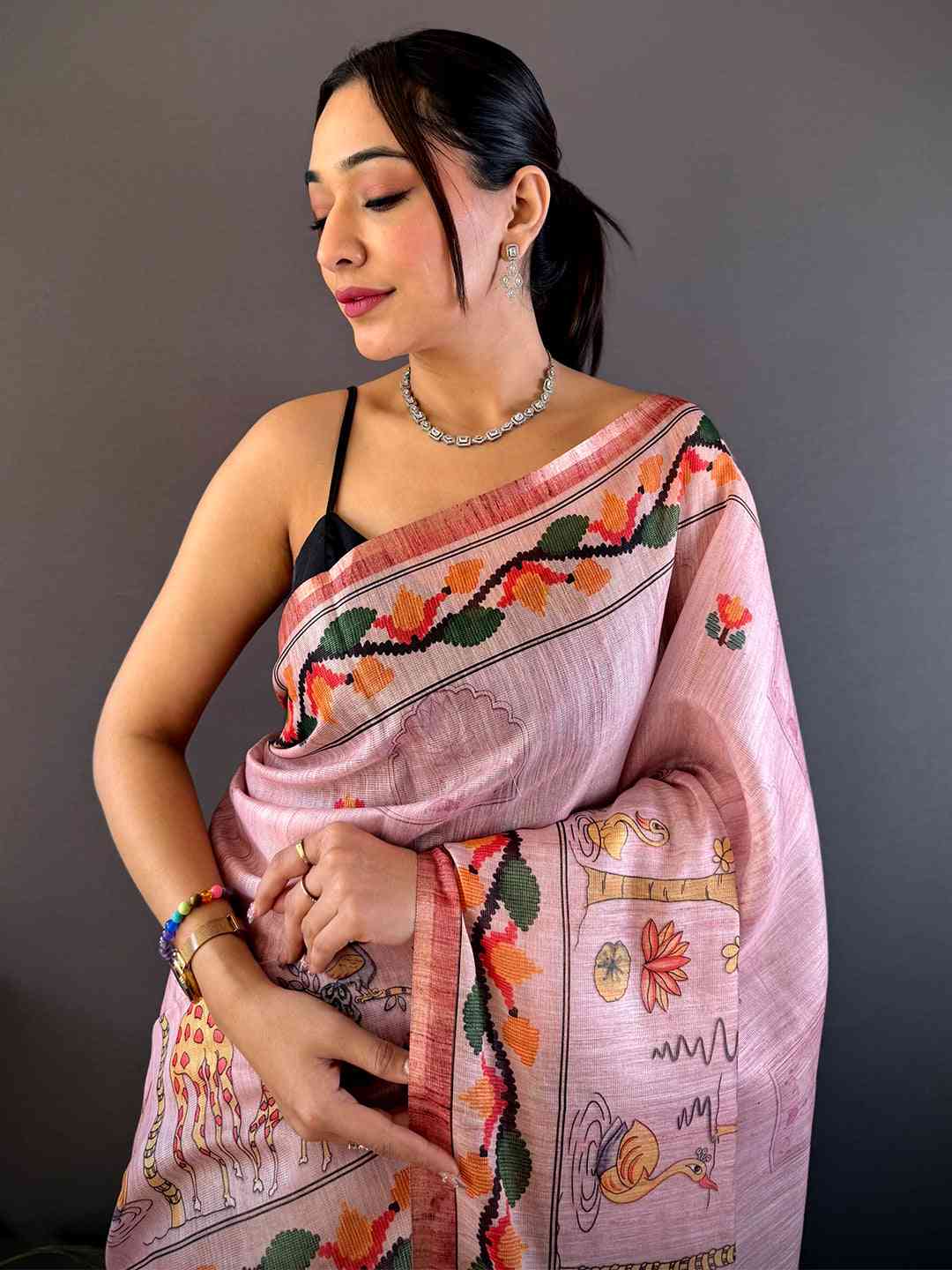 Blush Pink Jungle Floral Zari Tissue Saree by My Store