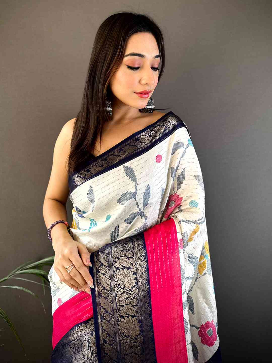 Navy Dola Silk Bird Print Saree by My Store