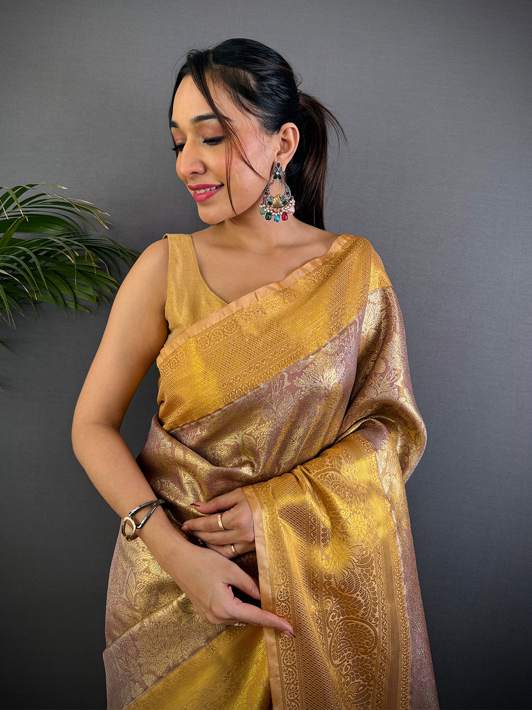 Blush Pink Golden Threadwork Dharmavaram Saree by My Store