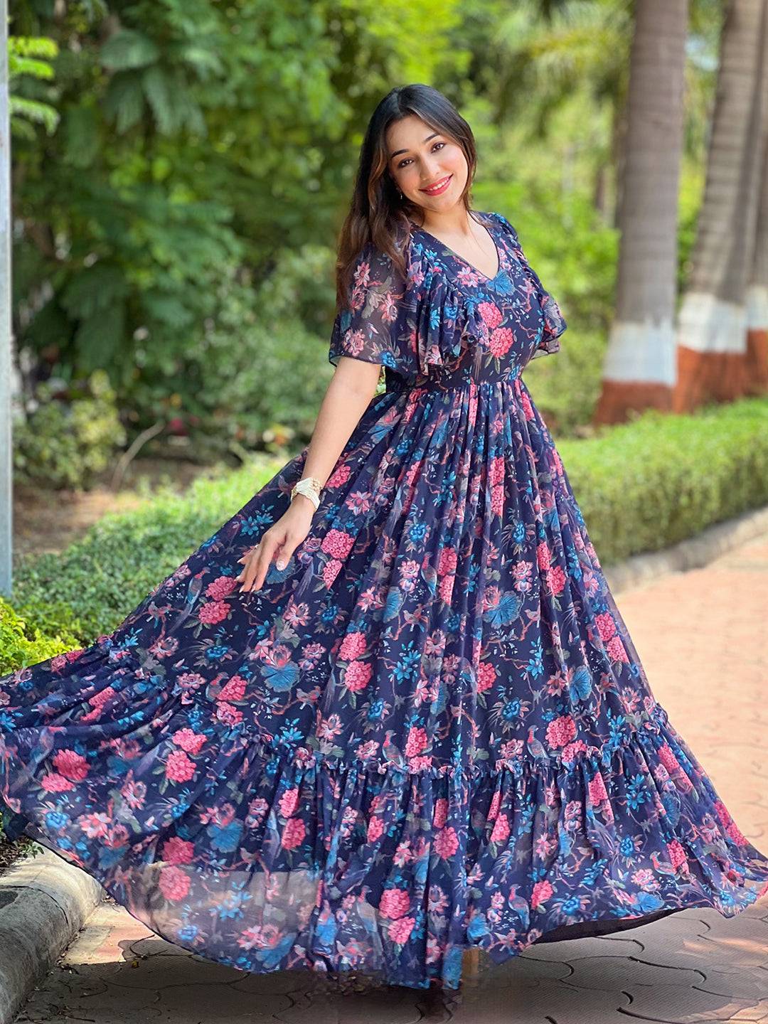 Midnight Navy Floral V-Neck Dress by My Store