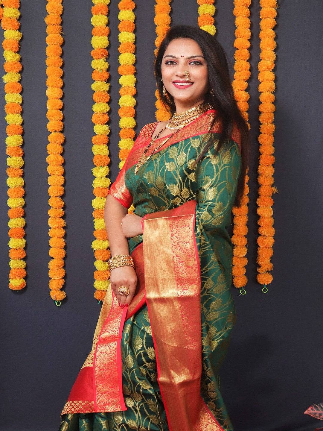 Green Kanjivaram Silk Golden Zari Weaving Saree by My Store