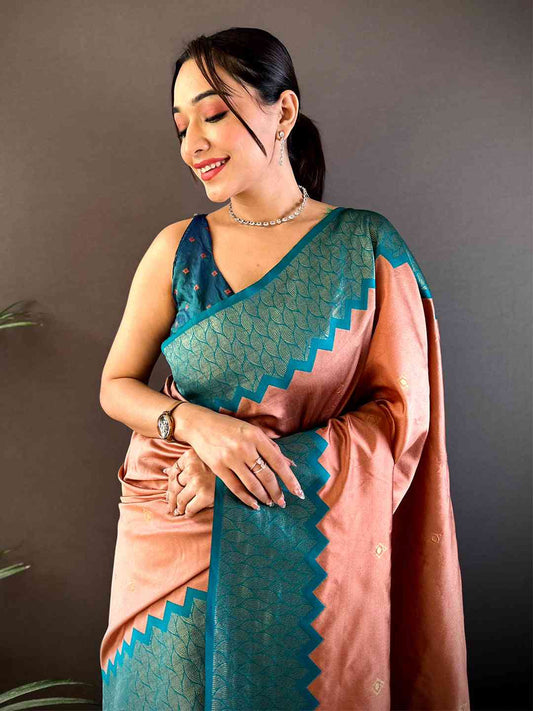 Peach Soft Katan Silk Saree by My Store