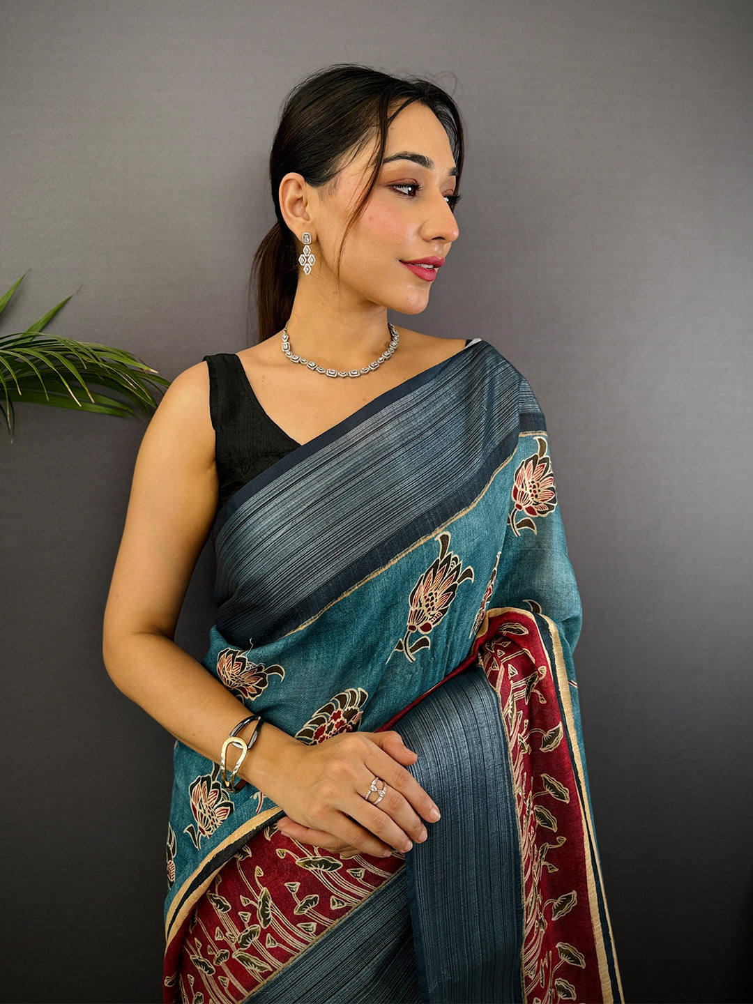 Teal Linen Block Kalamkari Print Saree by My Store
