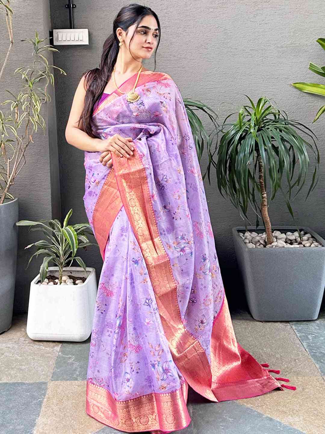 Design Purple Colour Digital Flower Print Kota Silk Saree by My Store
