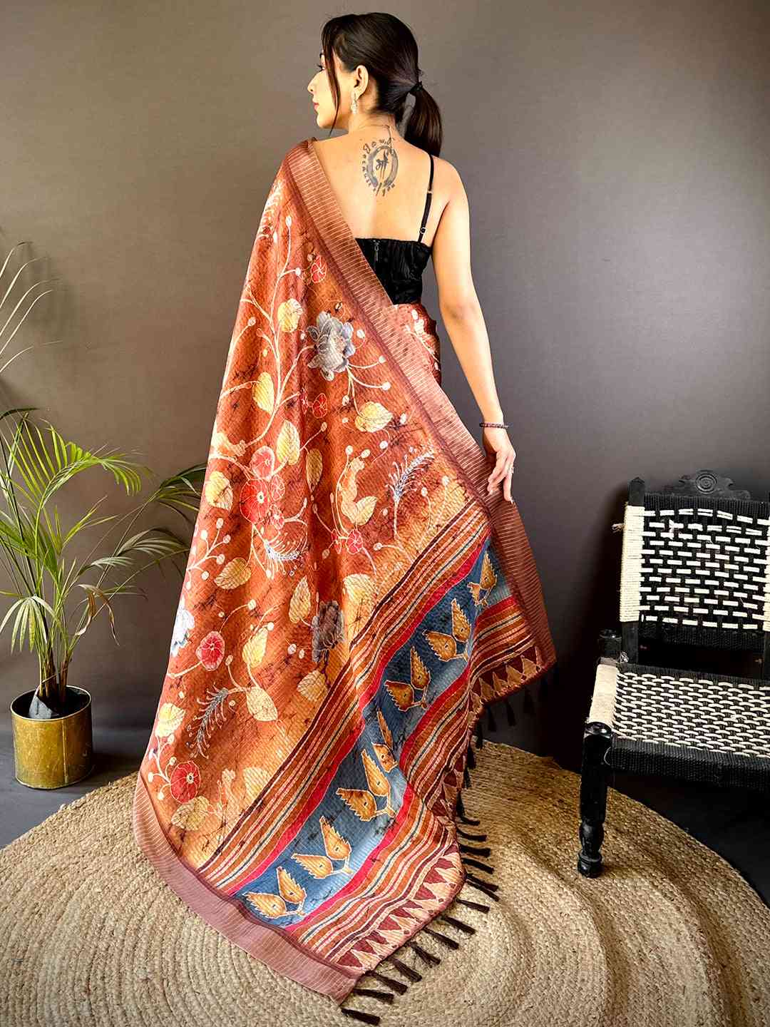 Brown Chex Kalamkari Floral Print Saree by My Store