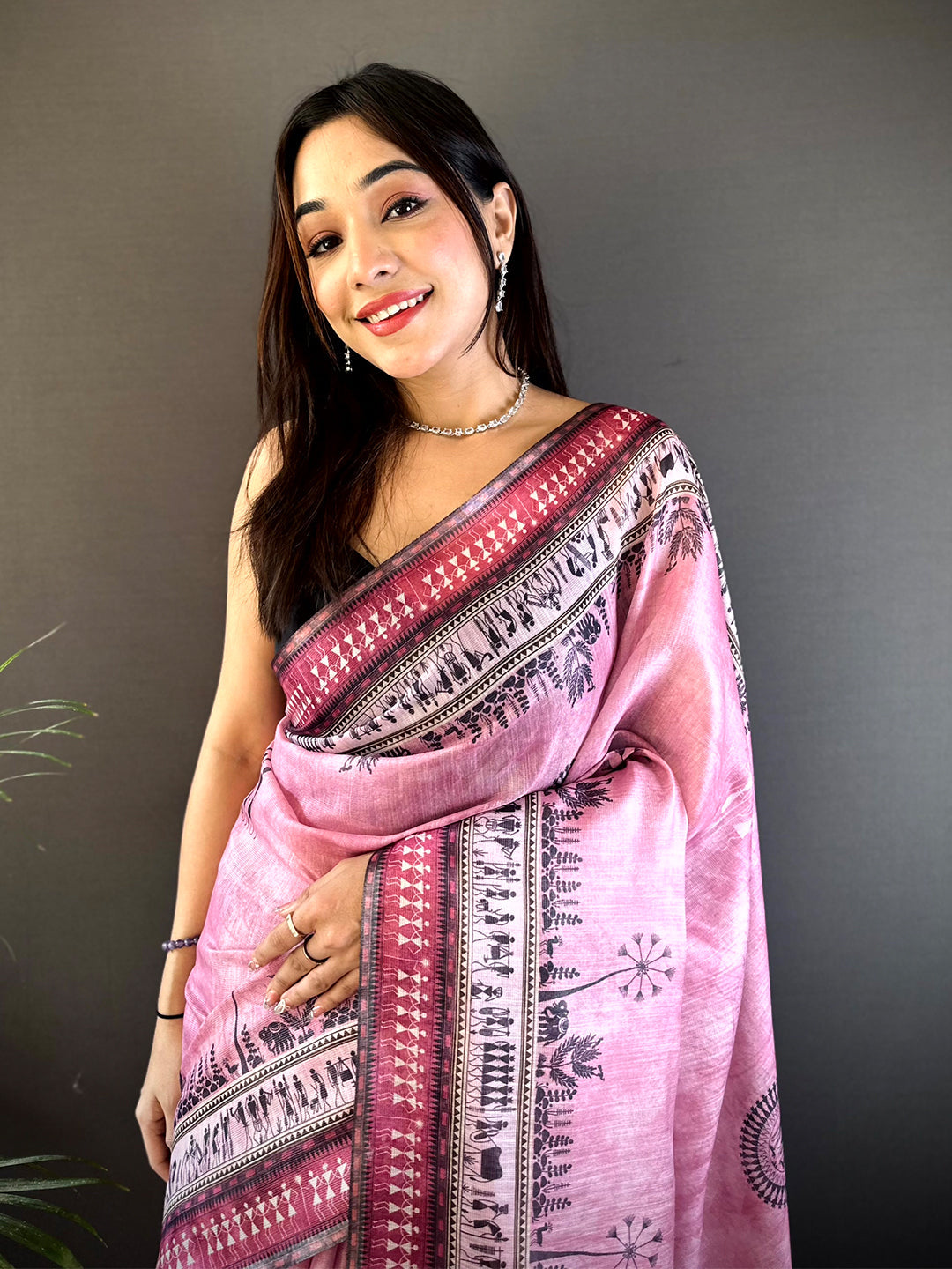 Blush Pink Warli Print Tissue Chanderi Saree by My Store