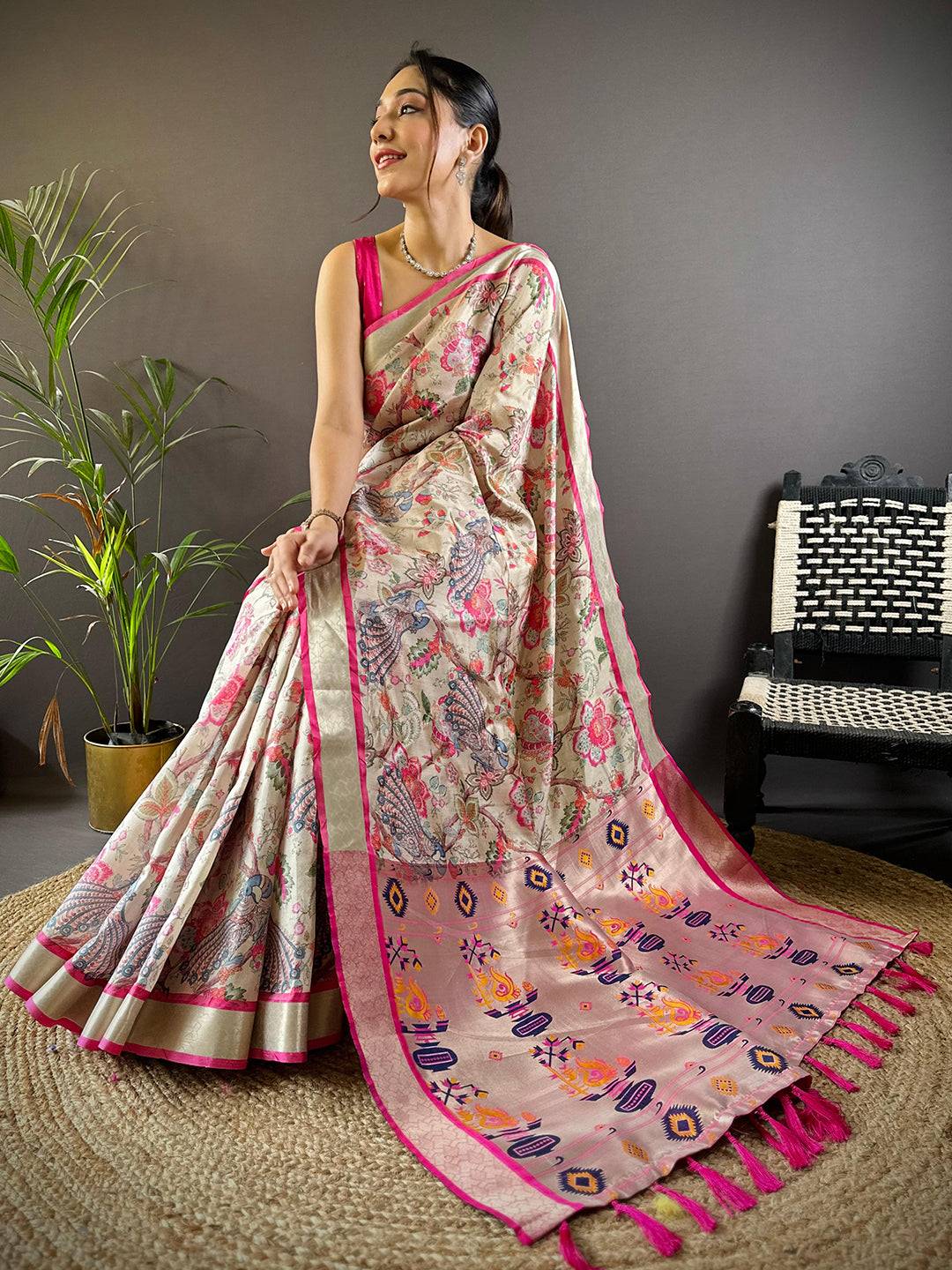 Serene Beige Phulkari Silk Saree by My Store