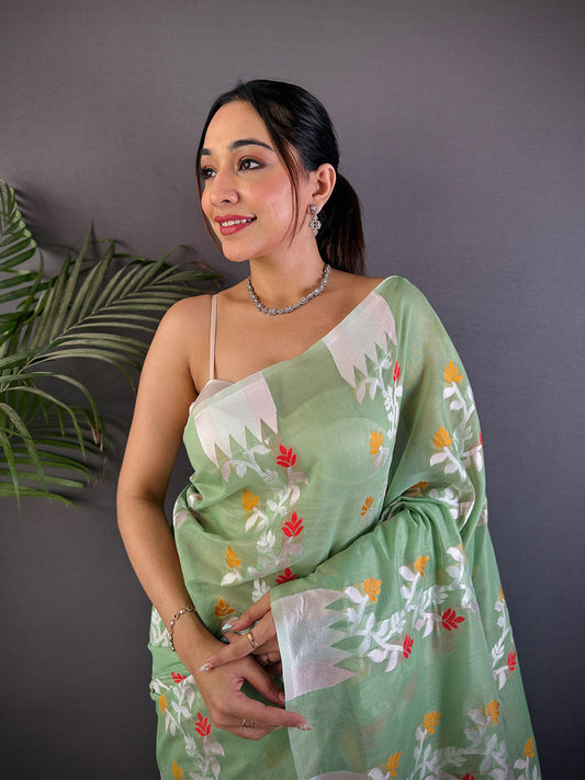 Pastel Green Dhakai Cotton Silk Saree by My Store