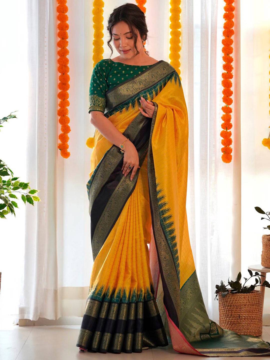 Yellow Colour Banarasi Soft Silk Gadwal Pattu Zari Weaving Party Wear Saree