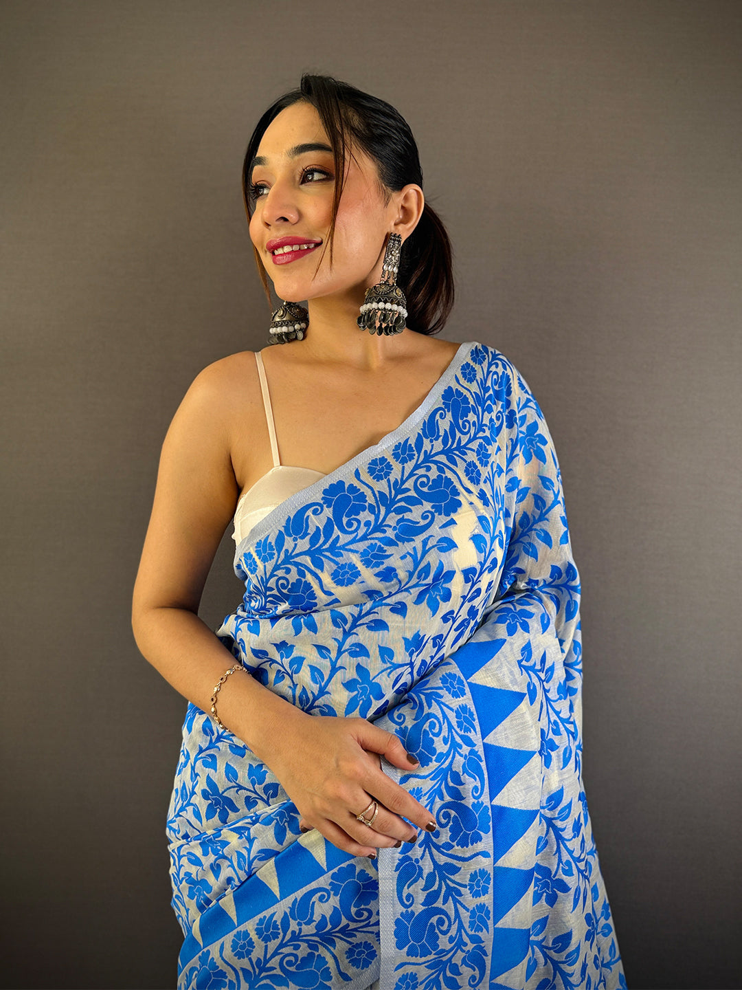 Sky Blue Dhakai Jamdani Cotton Silk Saree by My Store