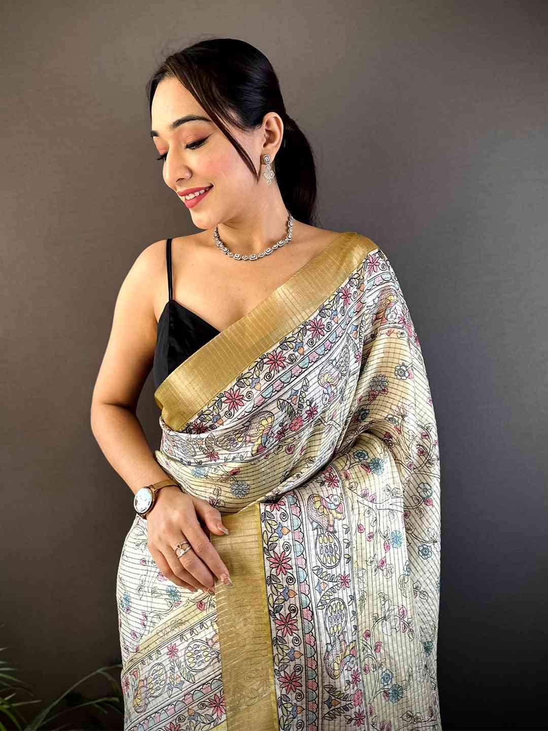 Off White Chanderi Madhubani Black Chex Saree by My Store