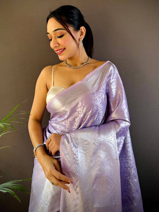 Lavender Banarasi Kanjivaram Silk Saree by My Store