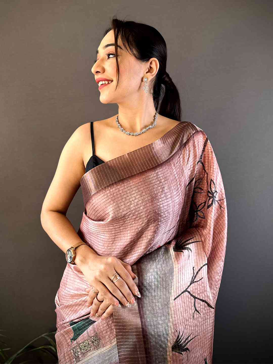 Blush Pink Tussar Chex Japanese Print Saree