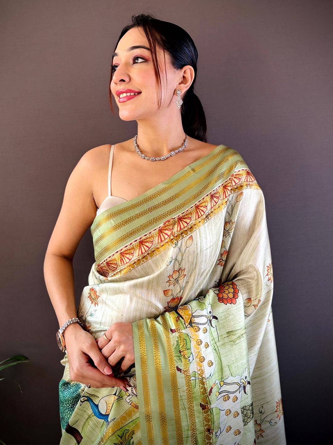 Elegant Soft Silk Pista Pichwai Prints Saree by My Store