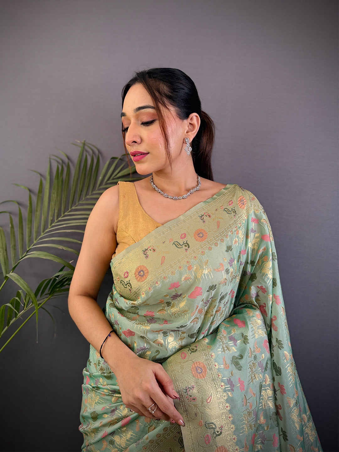 Jangal Minaather Zari Weaving Banarasi Silk Saree by My Store
