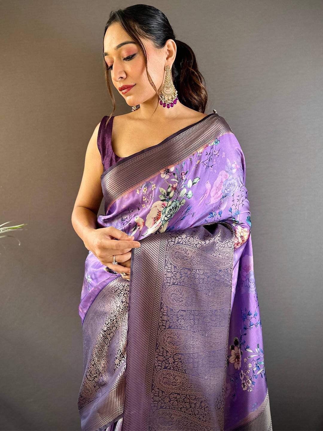 Lilac Purple Satin Silk Floral Print Saree by My Store