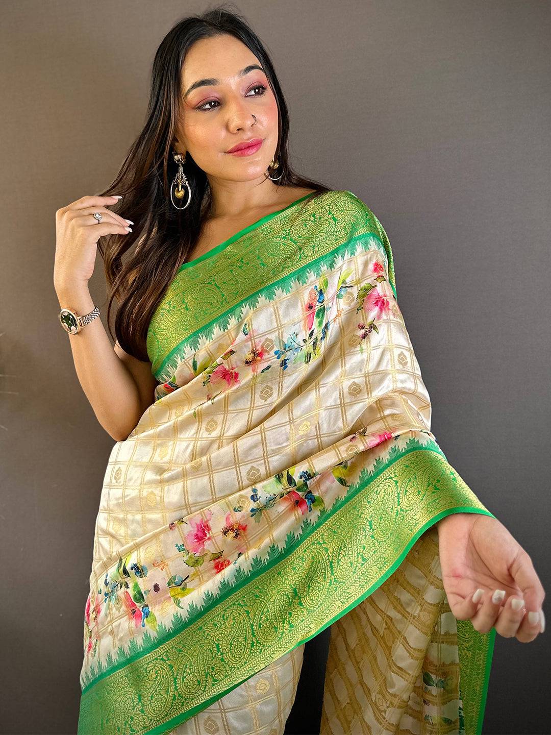 Green Kovai Rettapet Border Digital Print Saree by My Store