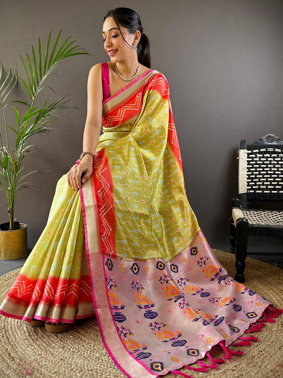 Pastel Yellow Ikkat Paithani Soft Silk Saree by My Store