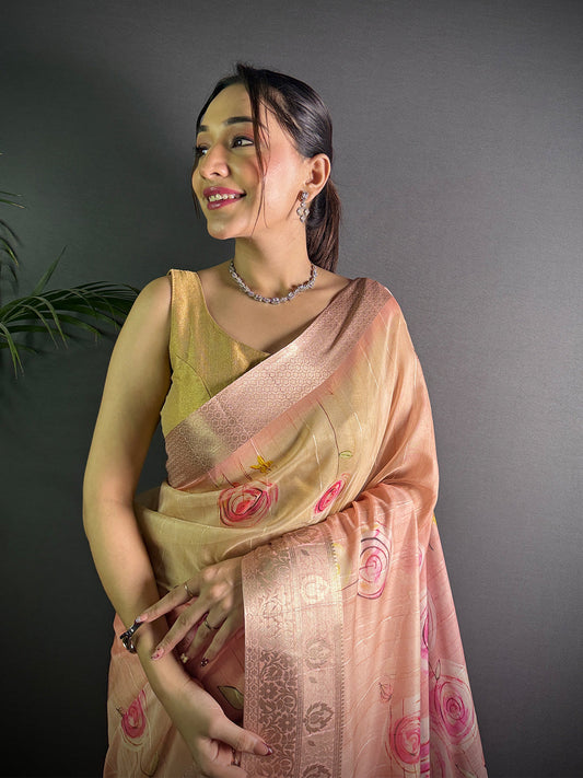 Light Pink Soft Organza Silk Floral Saree by My Store