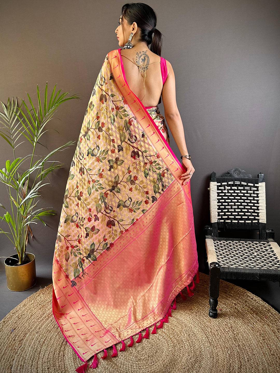 Pastel Cream Paithani Kora Silk Saree by My Store