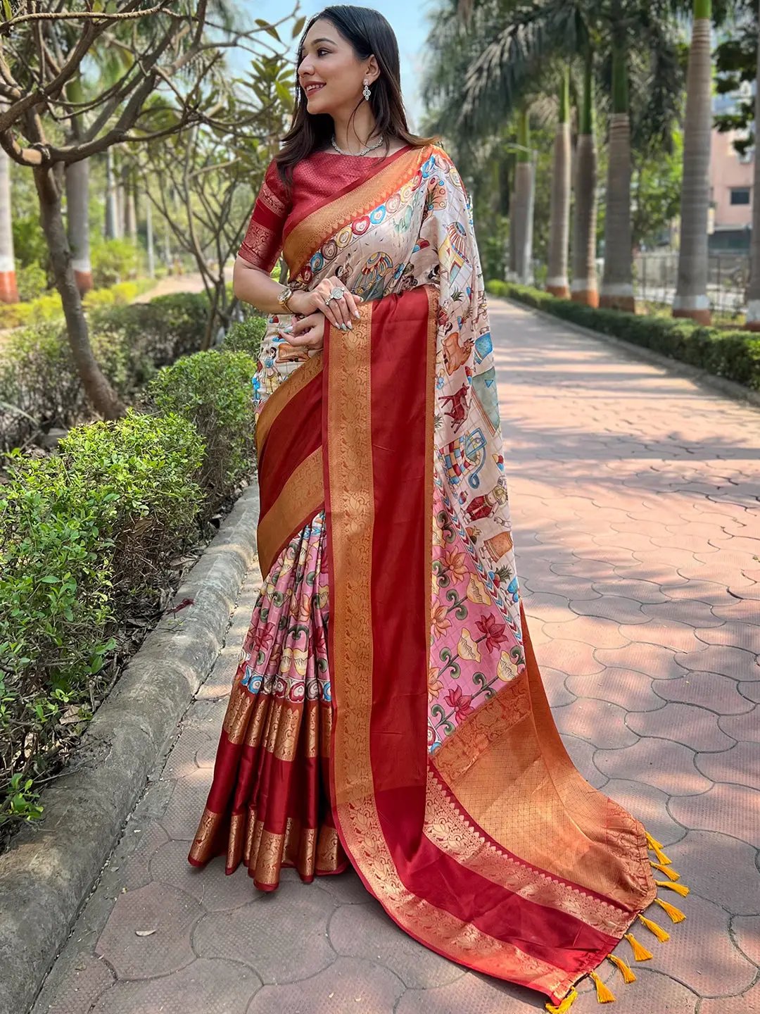 Beige Colour Double Border Chex Weaving Banarasi Soft Silk Saree