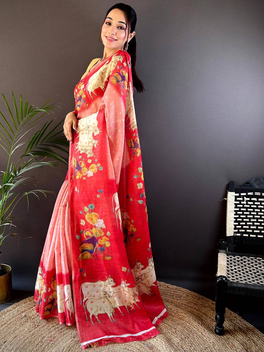 Red Chanderi Pichwai Print Saree by My Store