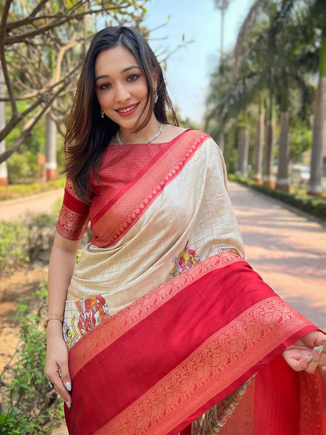 Cream Colour Double Border Chex Weaving Banarasi Soft Silk Saree by My Store