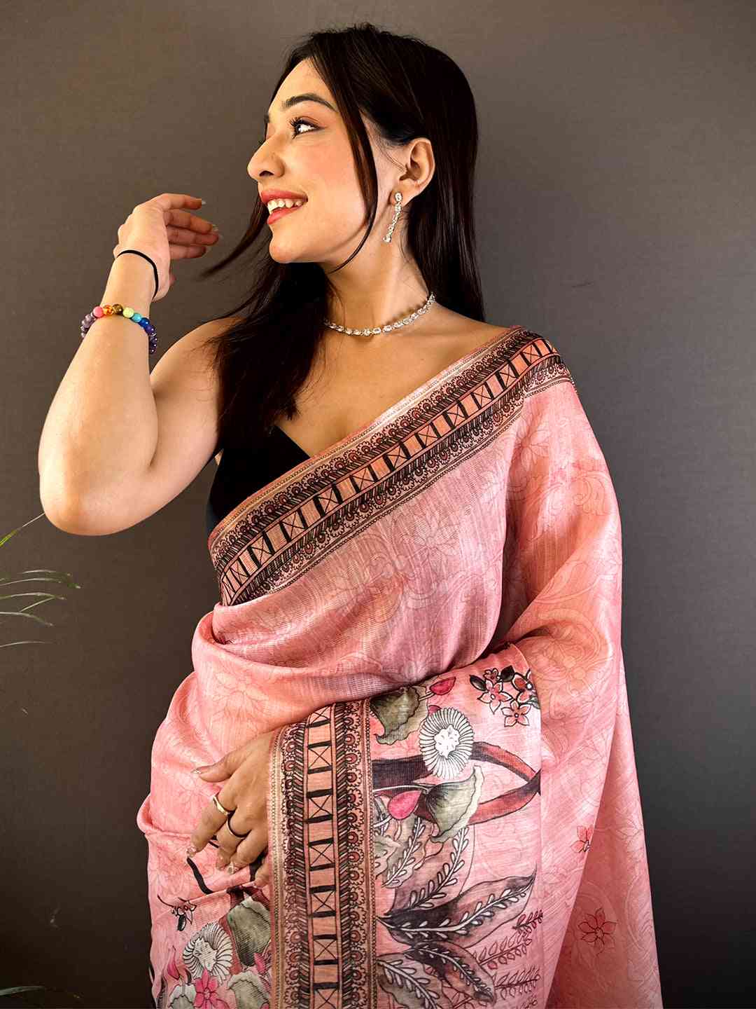 Blush Pink Tissue Floral Leaf Print Saree by My Store