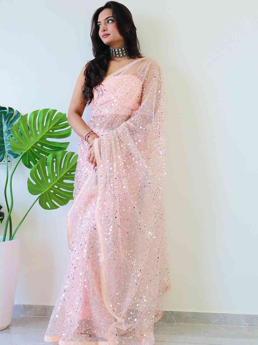Beautiful Net Saree With Sequins Embroidery Work