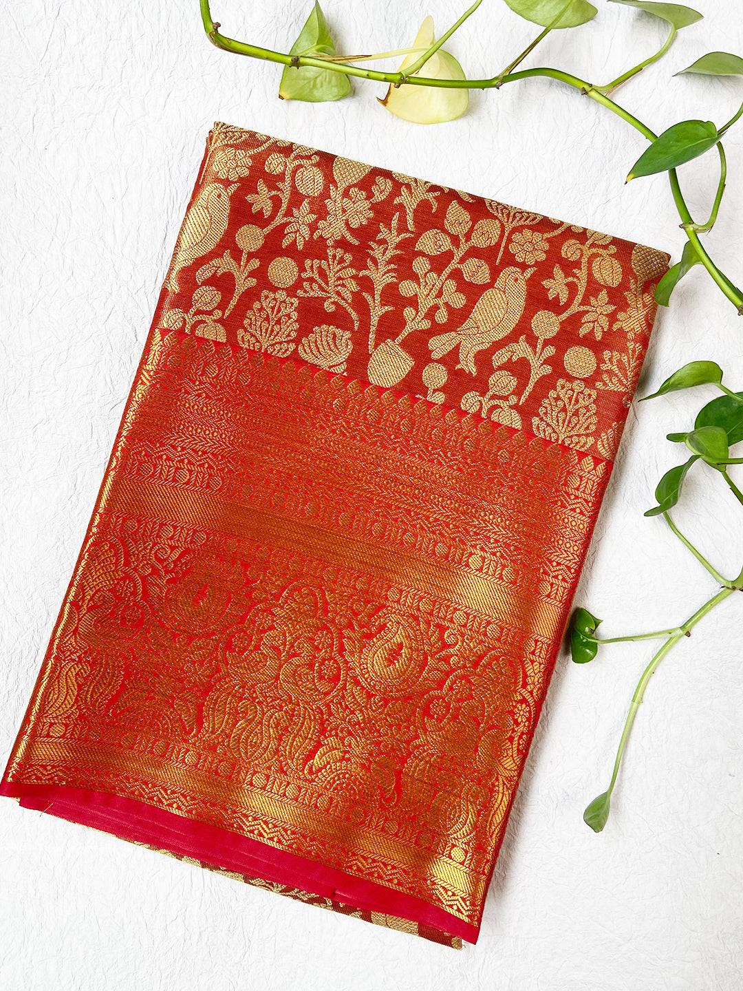 Tangerine Orange Kanjivaram With Golden Zari Work Saree by My Store