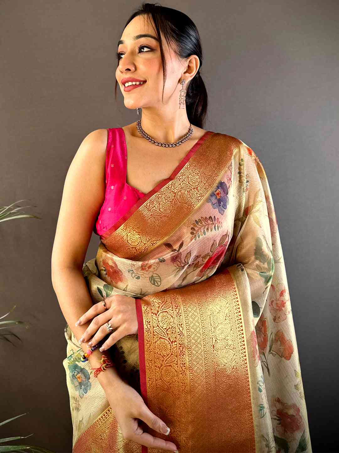 Beige Floral Gold Zari Tissue Saree