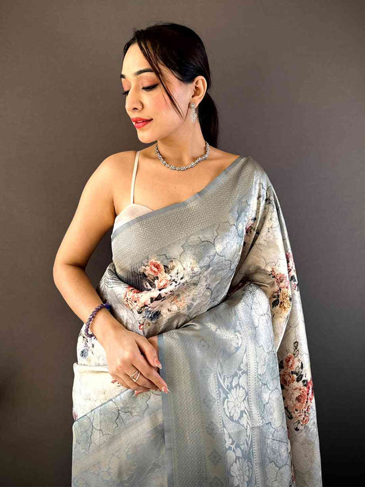 Pastel Blue Kanjivaram Digital Silk Saree by My Store