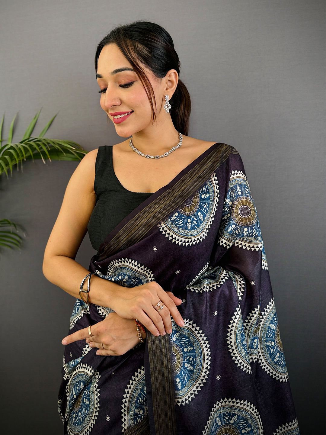 Dark Purple Linen Ajarak Print Saree by My Store