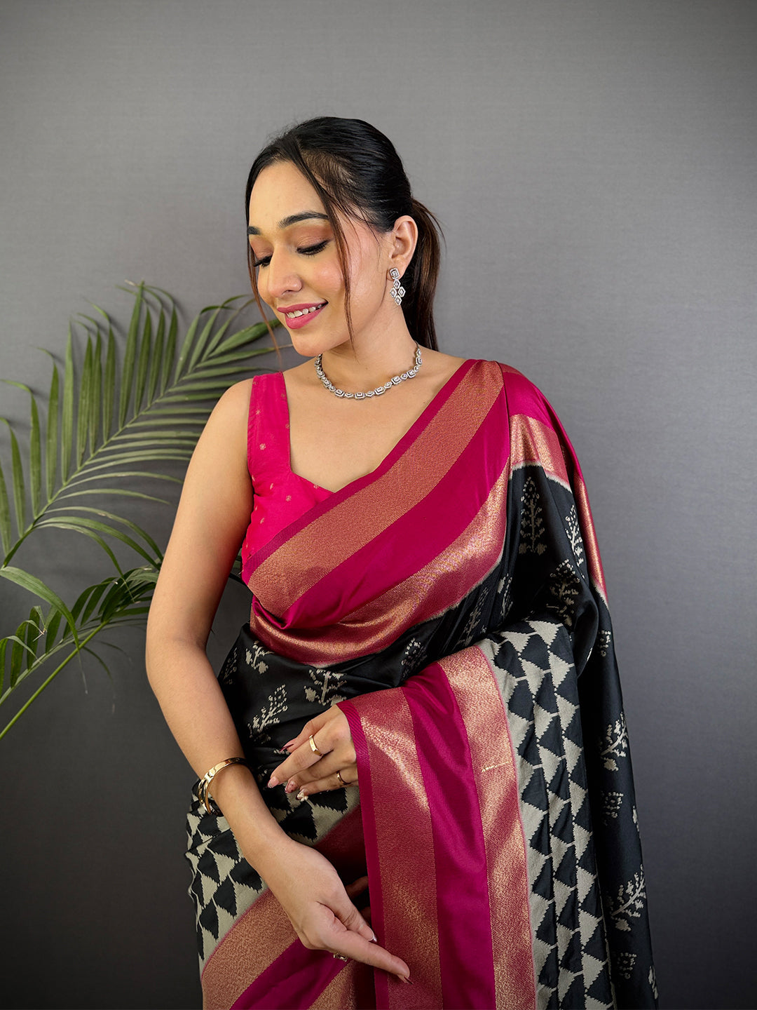 Radiant Black Soft Silk Ikkat Saree by My Store