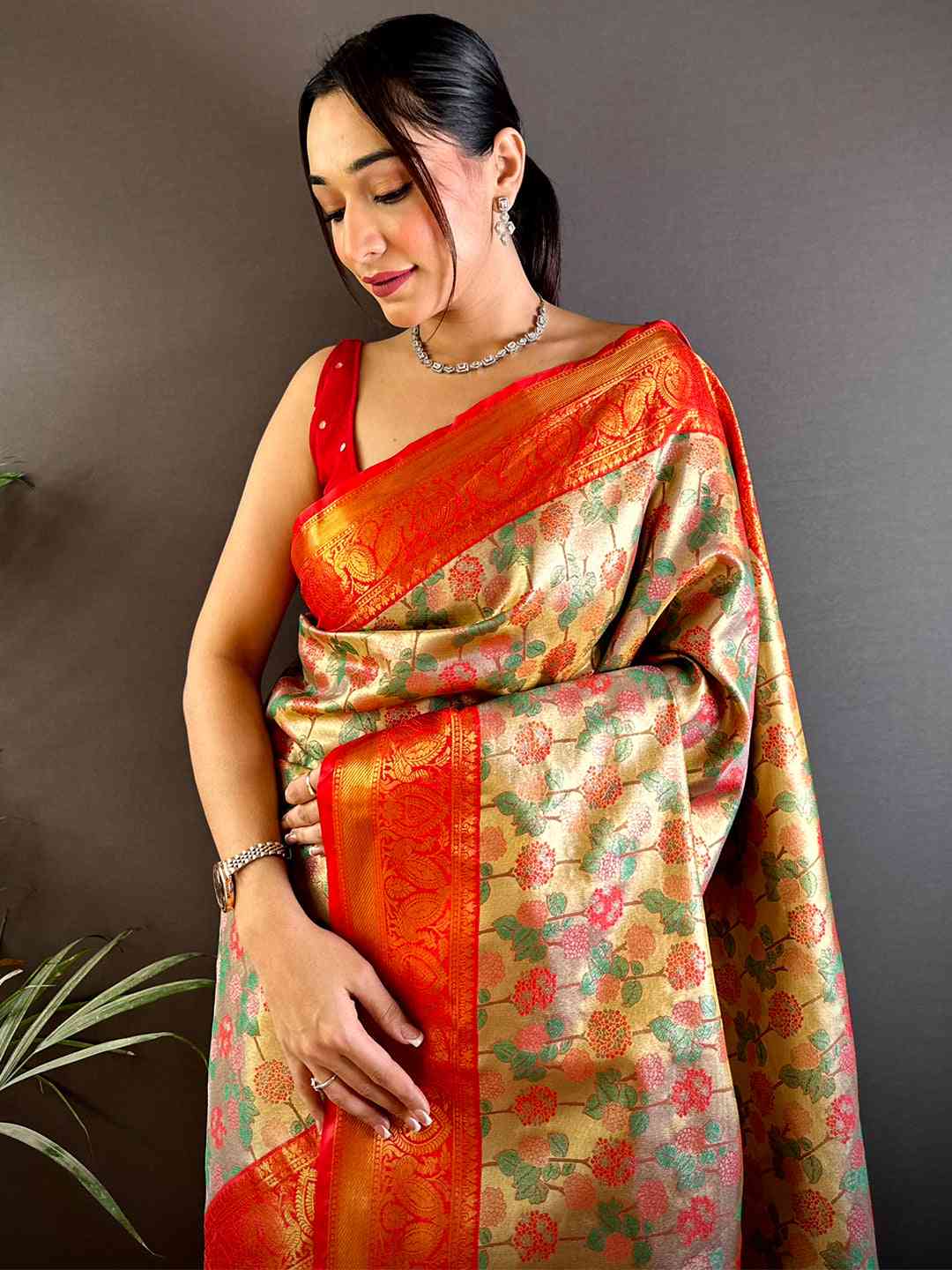 Radiant Red Floral Dharmavaram Silk Saree by My Store