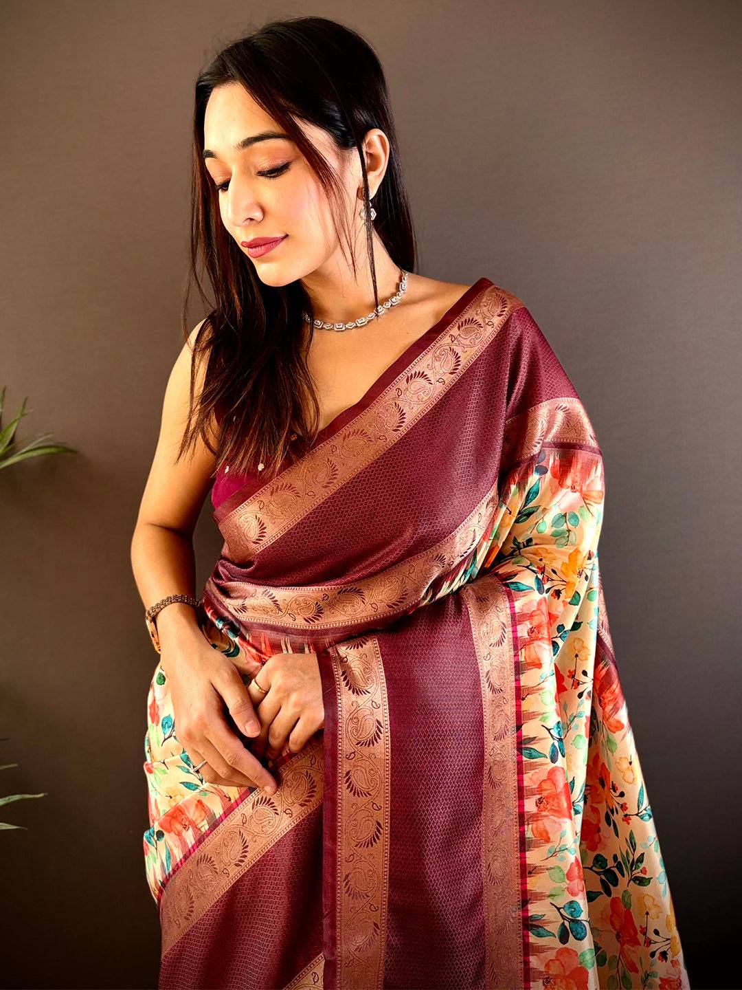 Rich Maroon Banarasi Soft Silk Saree by My Store