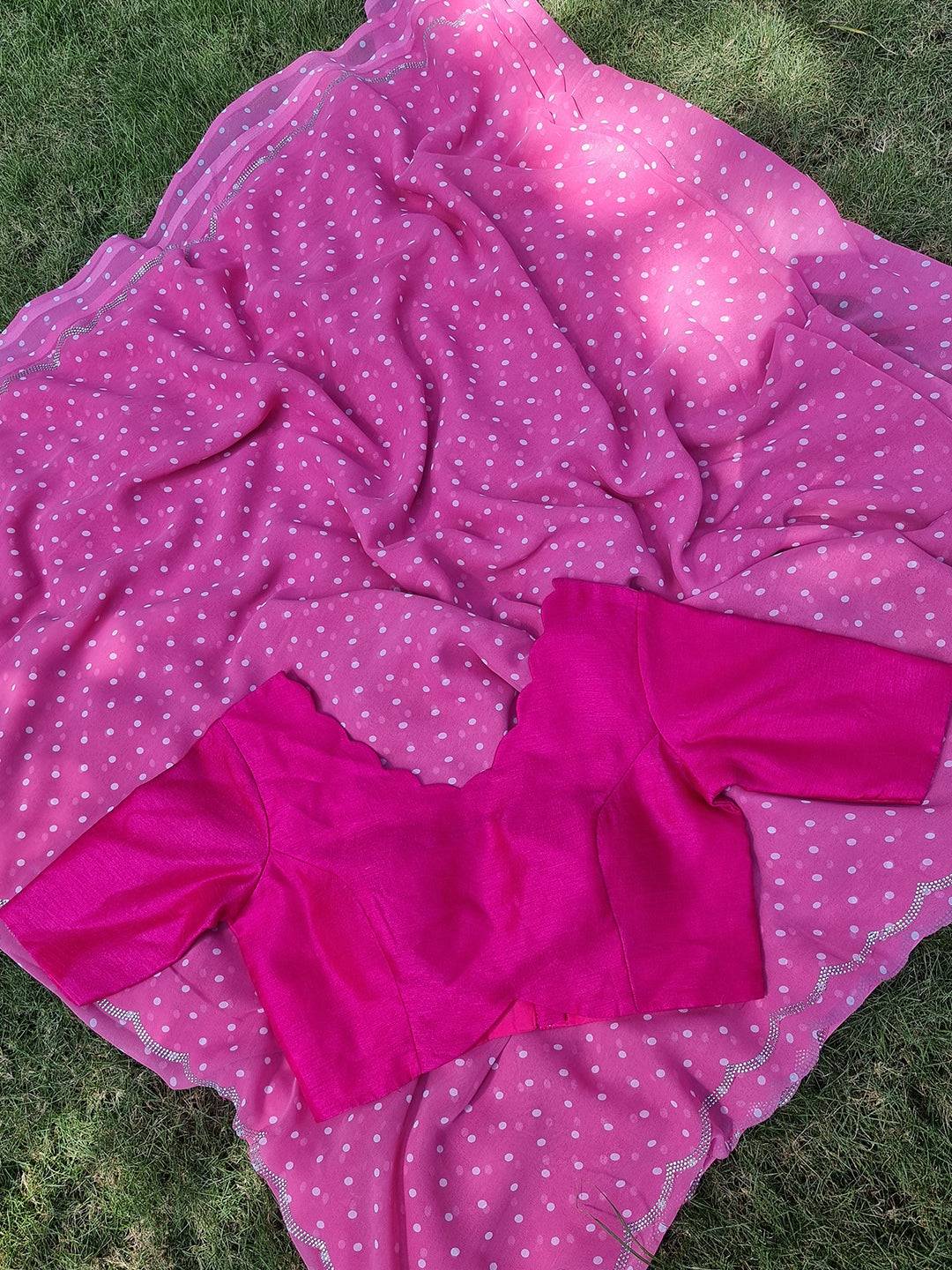 Peach Colour Pure Georgette Polka Dot Print Swaroski Cut Work Border Saree by My Store