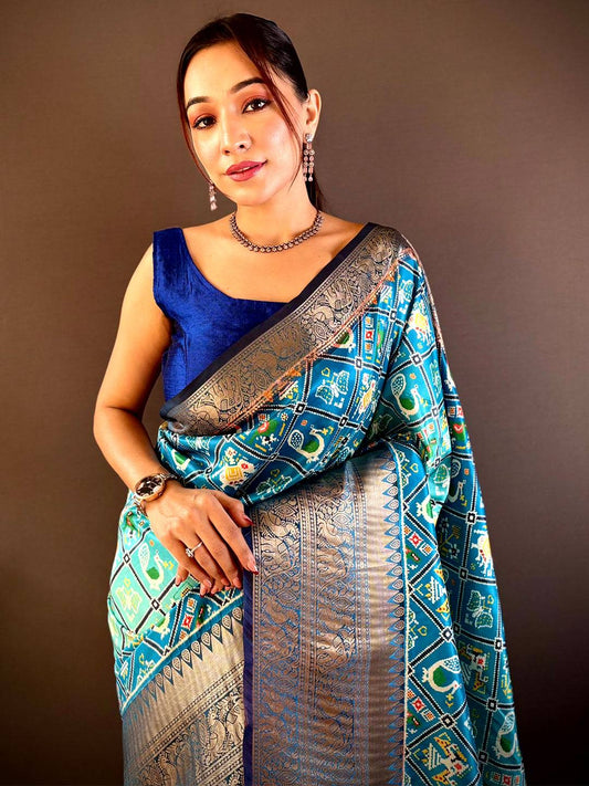 Ombre Sky Blue Soft Silk Patola Print Saree by My Store