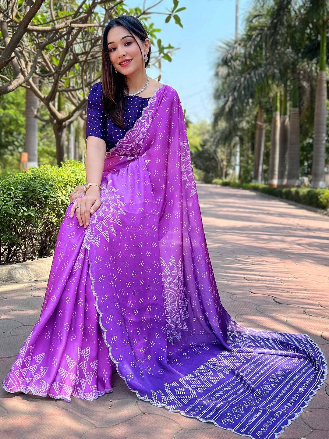Purple Georgette Silk Saree with Ombre Bandhej Print & Swaroski Stone Work by My Store