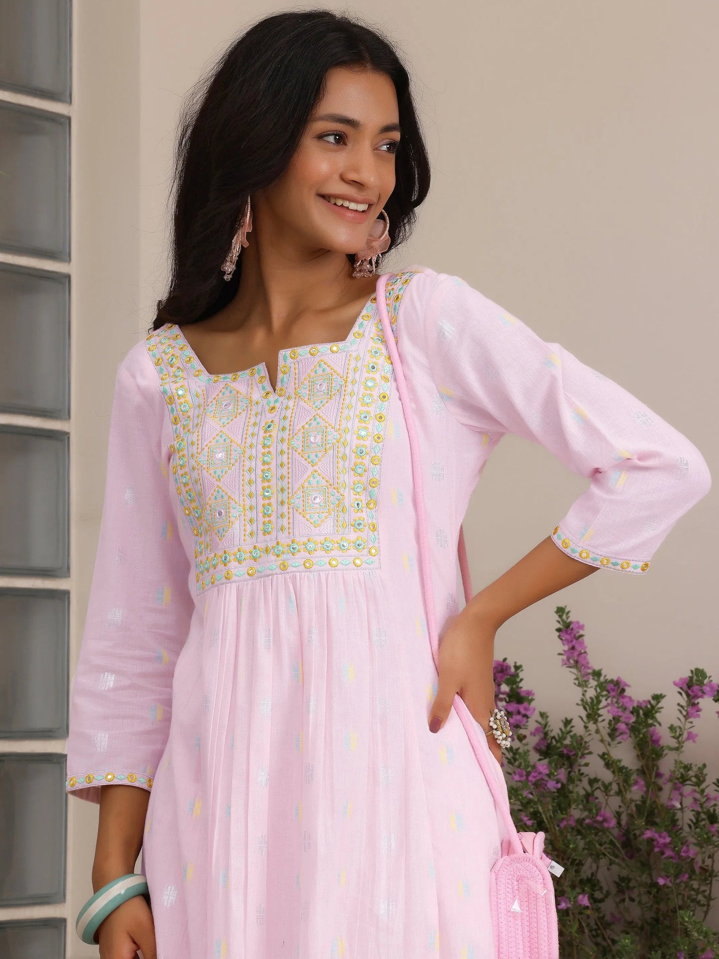 Pink Self Design Cotton A-Line Dress by My Store
