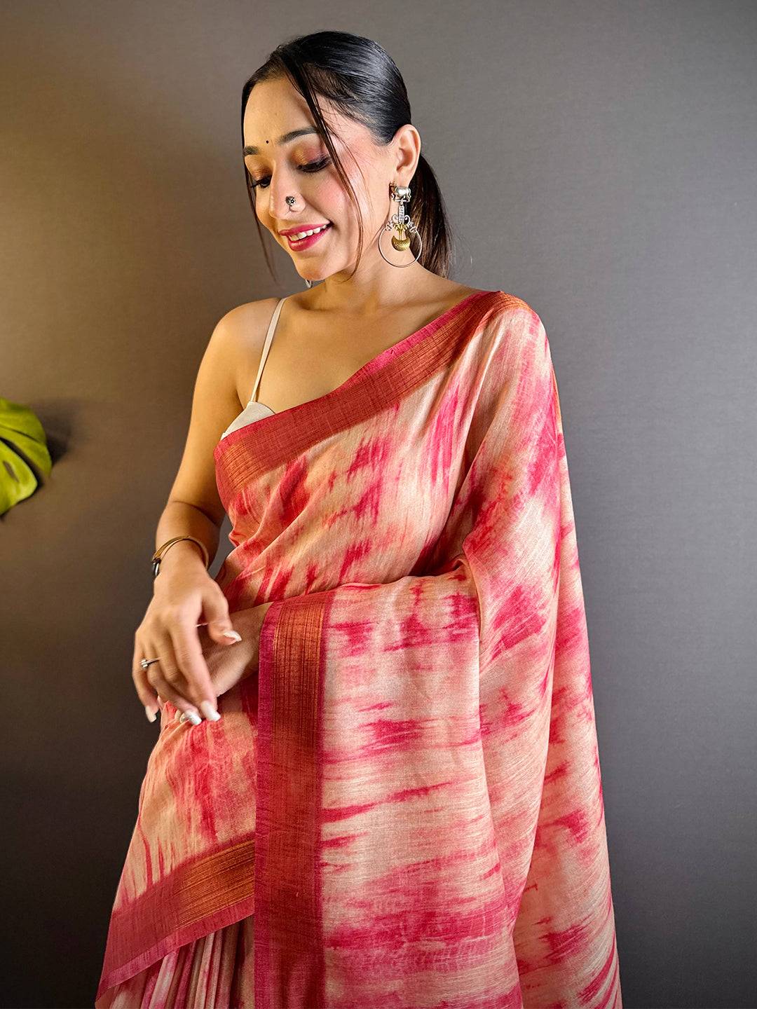 Blush Pink Shibori Print Linen Saree by My Store