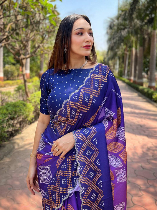 Indigo Georgette Silk Saree with Ombre Bandhej Print & Swaroski Stone Work by My Store