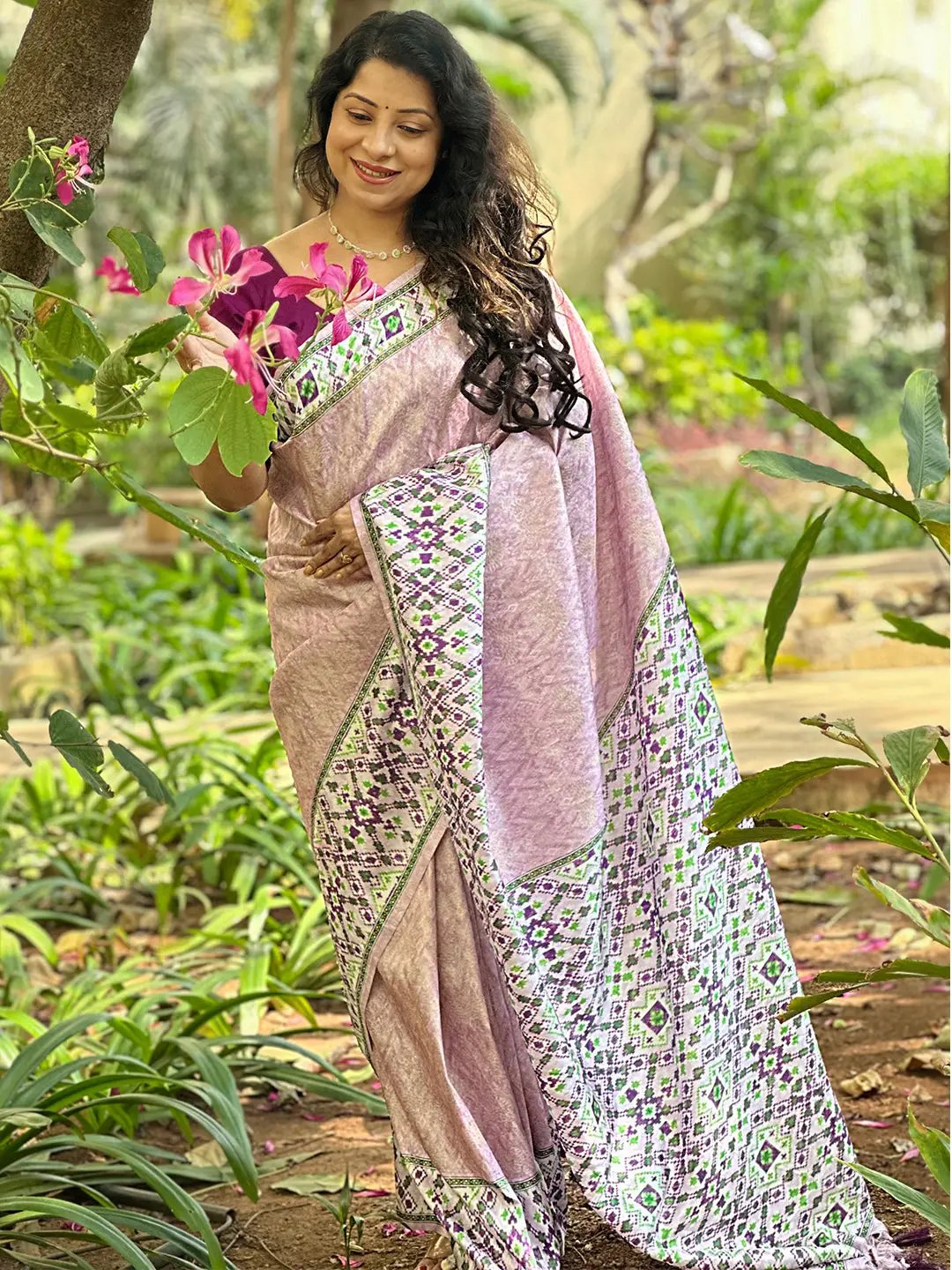 Kanjivaram Weaving Pink Colour Patola Print Saree by My Store