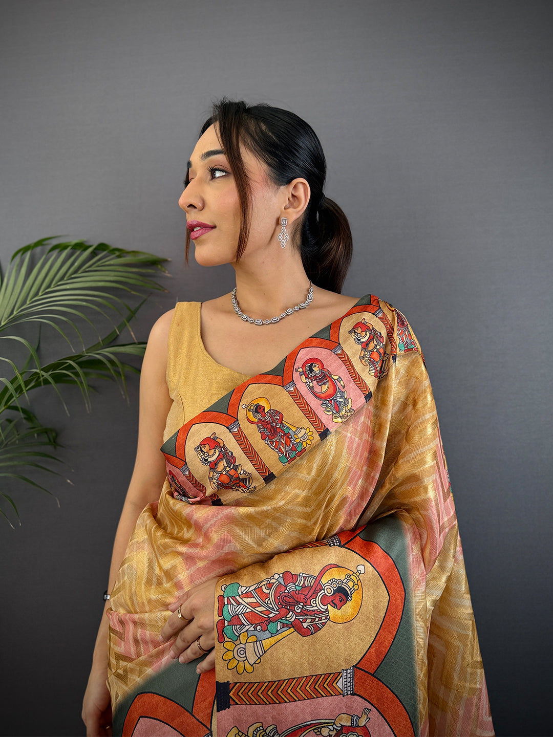 Mustard Yellow Madhubani Print Soft Silk Saree by My Store