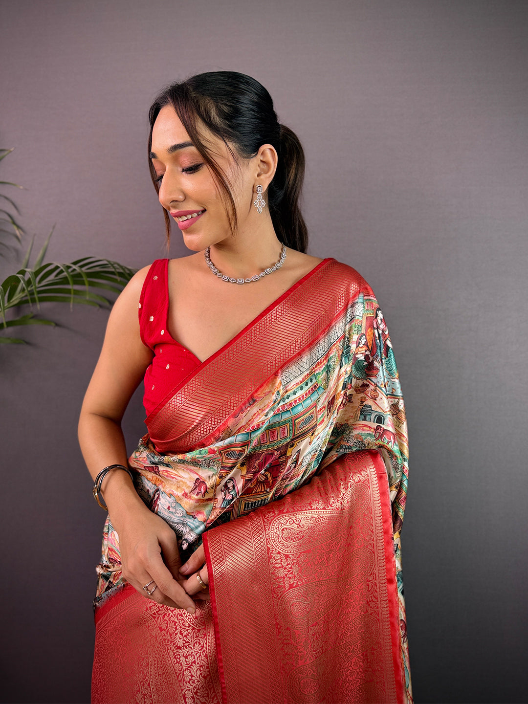 Multi Cherry Satin Kalamkari Saree by My Store