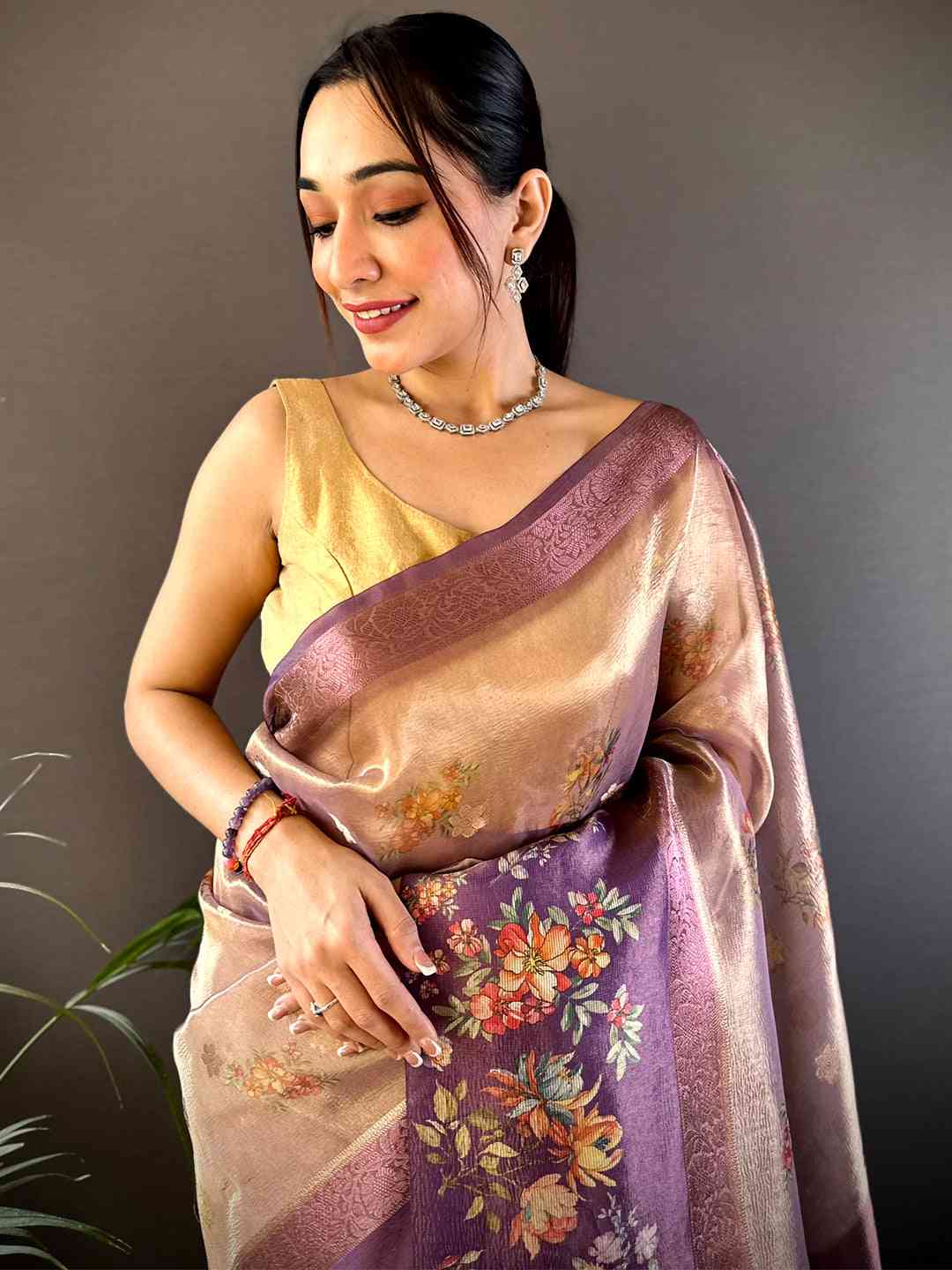 Wine Tissue Digital Floral Saree